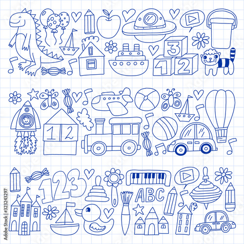 Vector pattern with children toys. Robot, rocket, horse, doll
