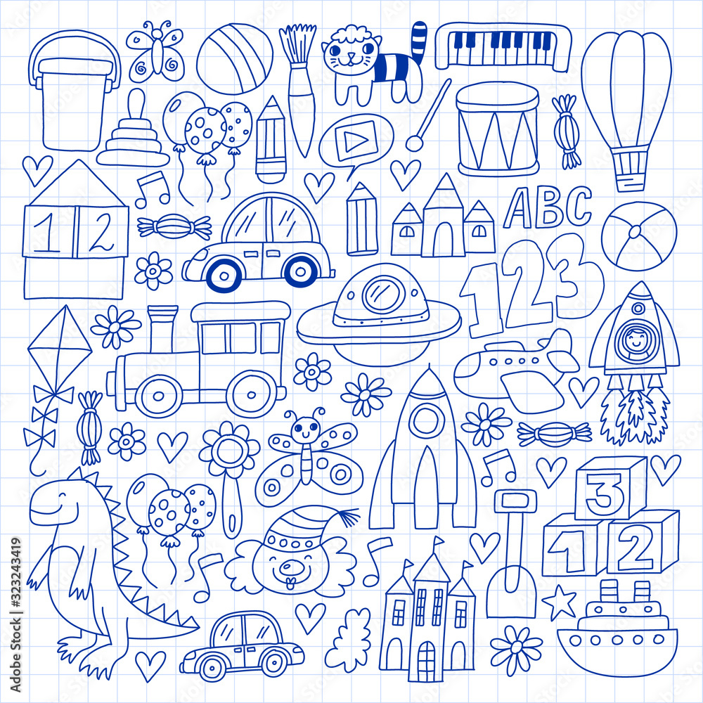 Fototapeta premium Vector pattern with children toys. Robot, rocket, horse, doll
