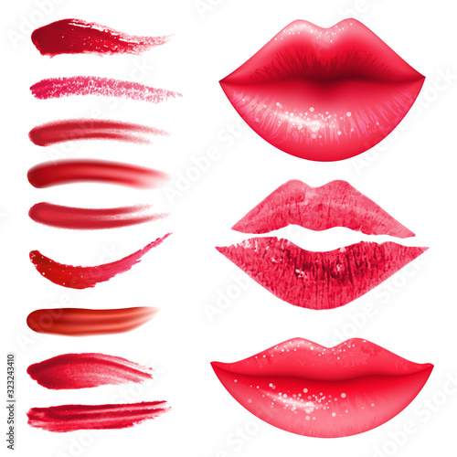Realistic lipstic smears and lips vector set