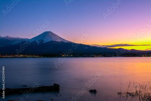 The view of Mount Fuji at sunset at Lake Kawaguchiko, Japan.