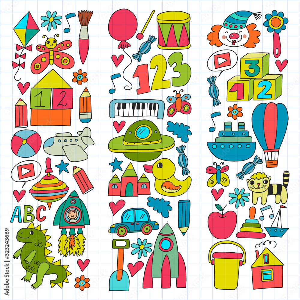 Vector pattern with children toys. Robot, rocket, horse, doll Vector pattern with children toys. Robot, rocket, horse, doll