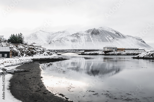 Monument in Borgarnes, Iceland. Long-exposure photo of monument, river and mountains in Iceland.