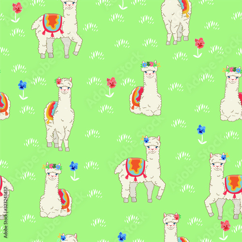 Seamless pattern with llamas in the spring meadow. Vector graphics.