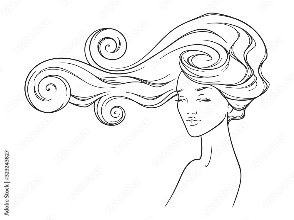 Beauty salon design. Portrait of pretty young woman with long beautiful eyelashes and splendid curly hair. Vector Beauty salon design. Portrait of pretty young woman with long beautiful eyelashes and splendid curly hair. Vector