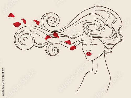 Beauty salon design. Portrait of pretty young woman with long beautiful eyelashes and splendid curly hair. Vector