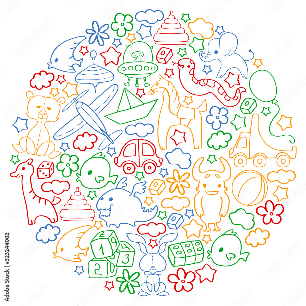 Vector pattern with children toys. Kindergarten elements in doodle style for little kids. Education, play, grow Vector pattern with children toys. Kindergarten elements in doodle style for little kids. Education, play, grow