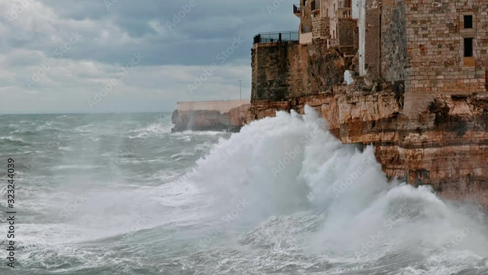 Super slow motion of stormy sea in Polignano a Mare, Italy