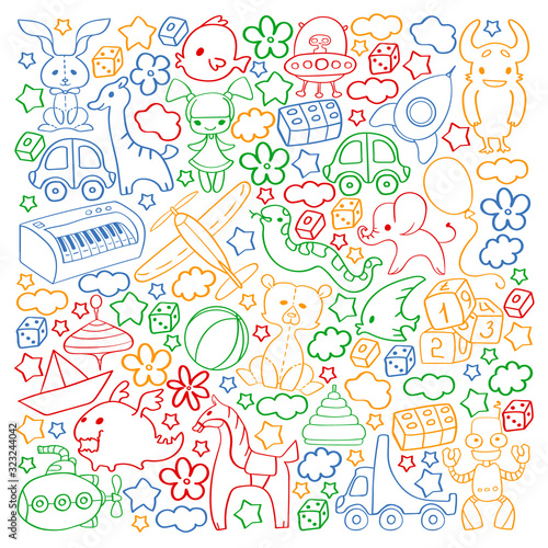 Vector pattern with children toys. Kindergarten elements in doodle style for little kids. Education, play, grow © Anastasia