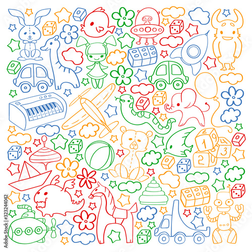 Vector pattern with children toys. Kindergarten elements in doodle style for little kids. Education, play, grow