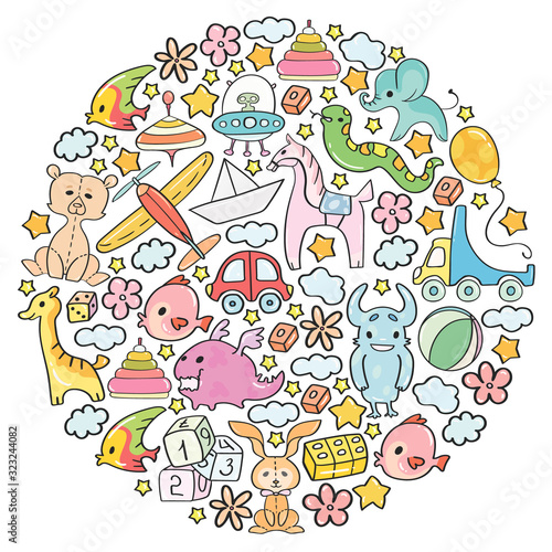 Vector pattern with children toys. Kindergarten elements in doodle style for little kids. Education, play, grow