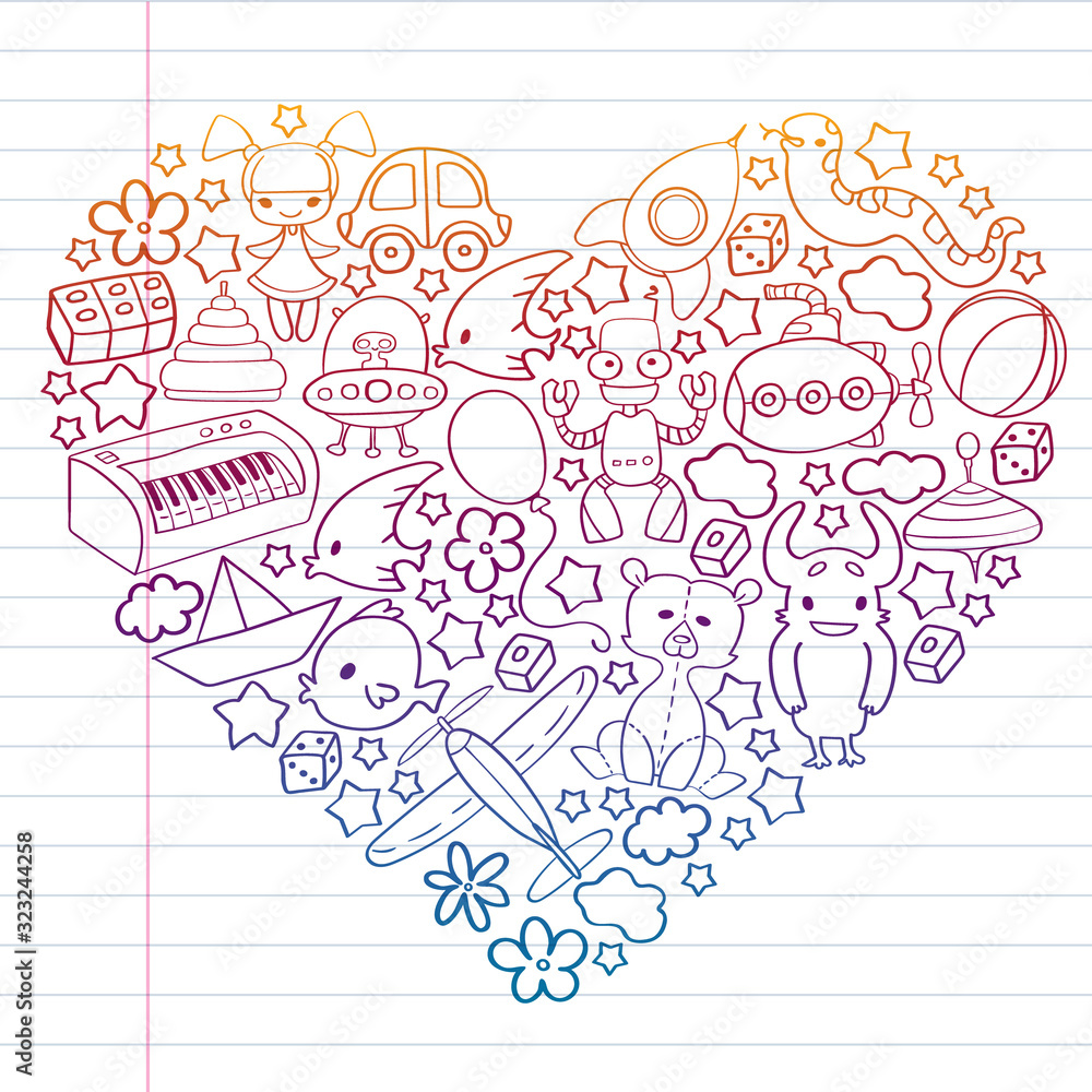 Vector pattern with children toys. Kindergarten elements in doodle style for little kids. Education, play, grow Vector pattern with children toys. Kindergarten elements in doodle style for little kids. Education, play, grow