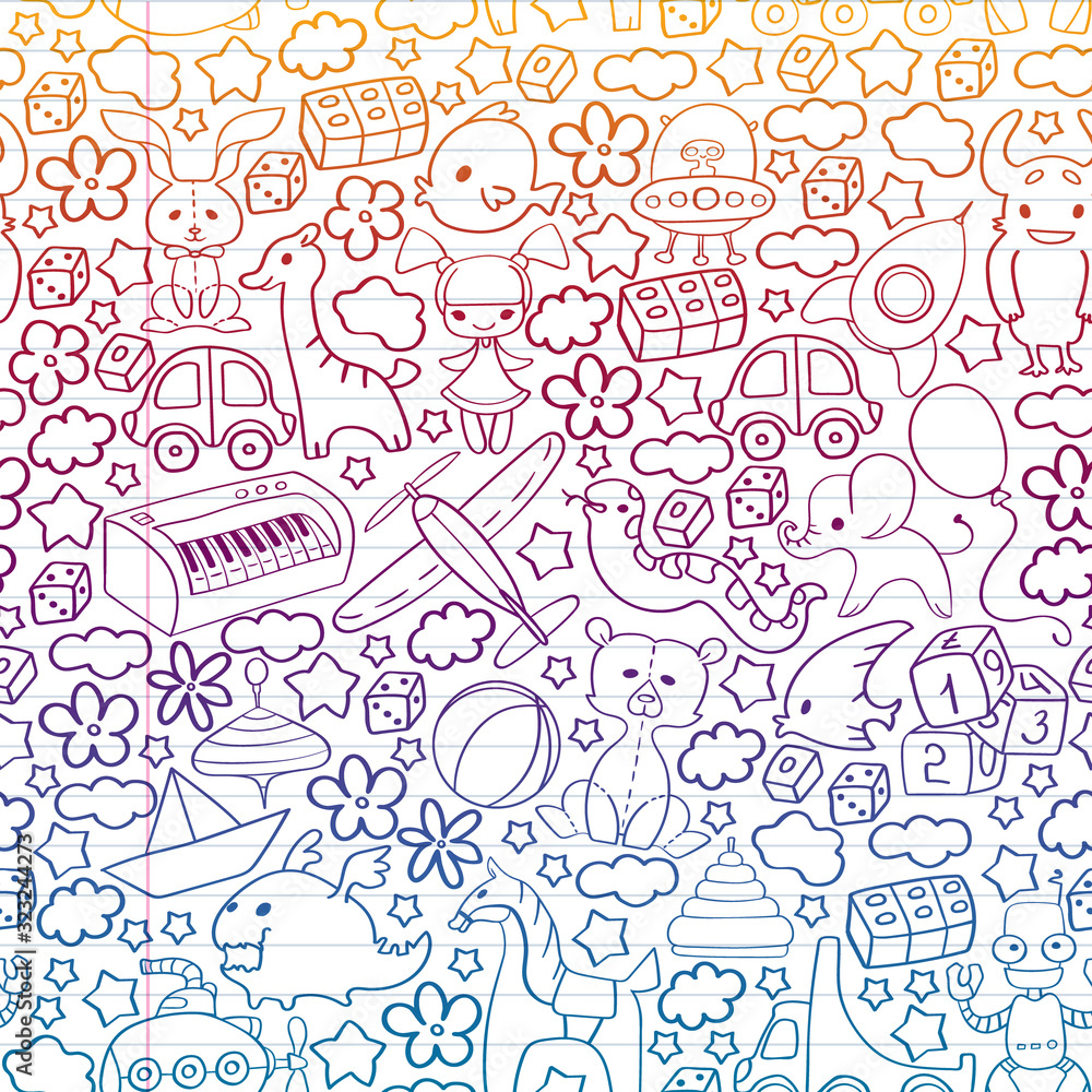 Vector pattern with children toys. Kindergarten elements in doodle style for little kids. Education, play, grow