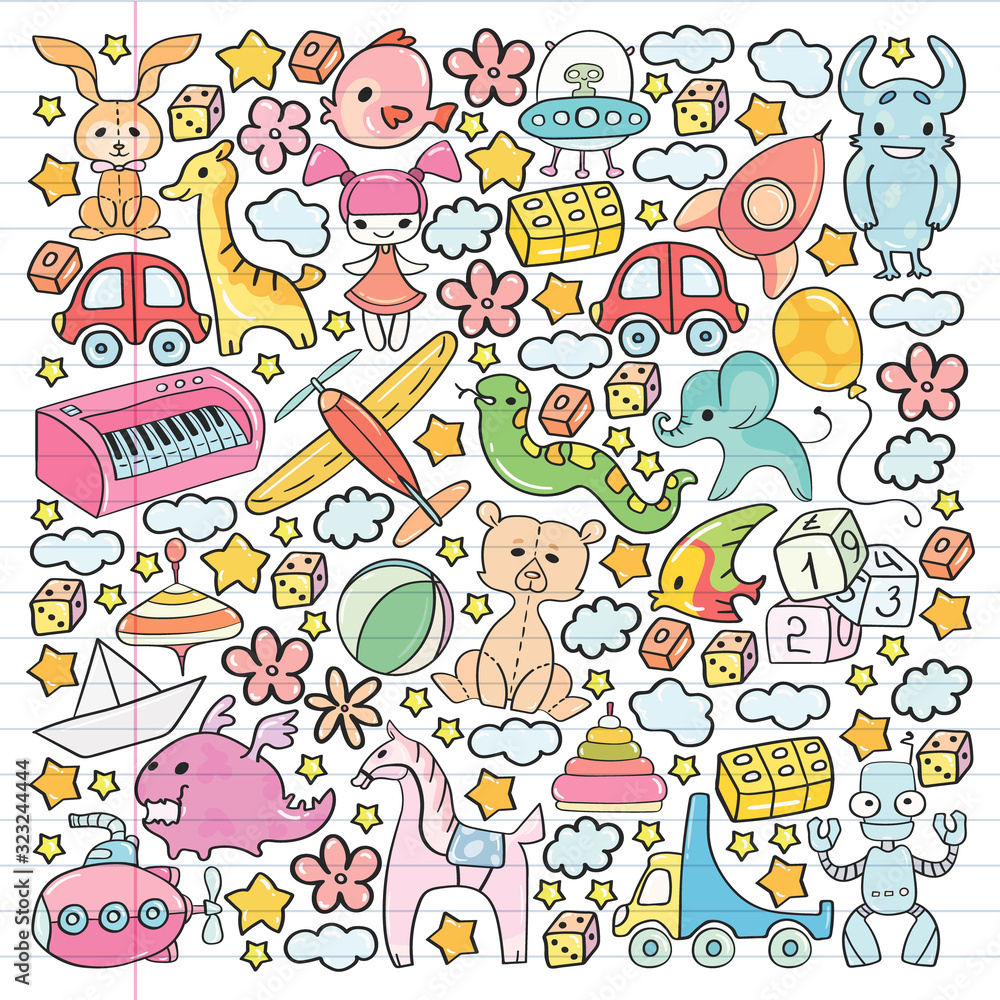 Vector pattern with children toys. Kindergarten elements in doodle style for little kids. Education, play, grow Vector pattern with children toys. Kindergarten elements in doodle style for little kids. Education, play, grow