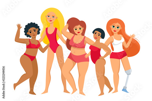 Body positive cartoon beautiful women isolated on white.