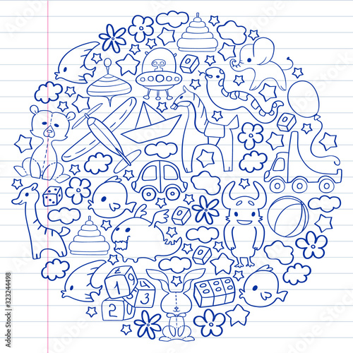 Vector pattern with children toys. Kindergarten elements in doodle style for little kids. Education, play, grow