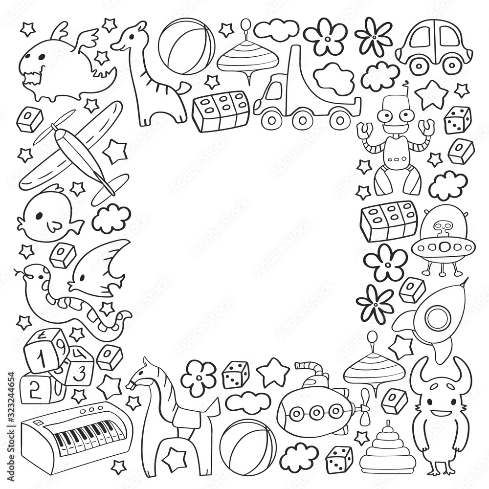 Vector pattern with children toys. Kindergarten elements in doodle style for little kids. Education, play, grow