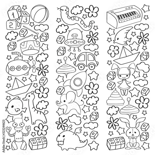 Fototapeta Naklejka Na Ścianę i Meble -  Vector pattern with children toys. Kindergarten elements in doodle style for little kids. Education, play, grow