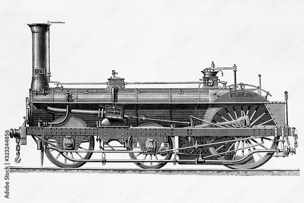 Crampton locomotive. High speed. Antique illustration. 1883.