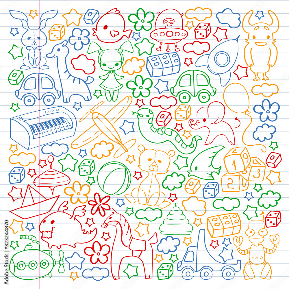 Vector pattern with children toys. Kindergarten elements in doodle style for little kids. Education, play, grow Vector pattern with children toys. Kindergarten elements in doodle style for little kids. Education, play, grow