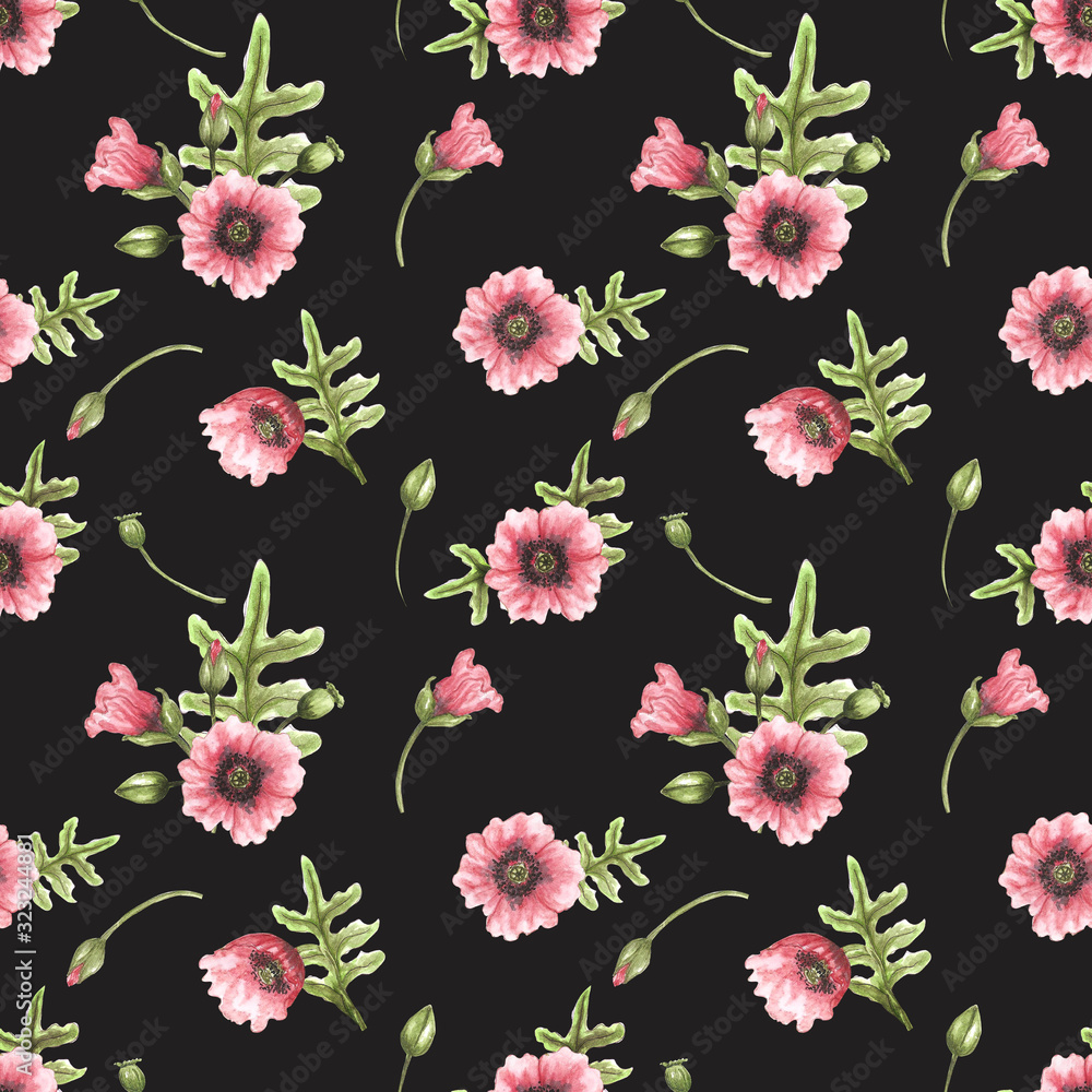 Seamless watercolor pattern with the image of pink poppies, buds and green leaves on a black background. Design for printing postcards, fabrics, textiles, wallpapers, packaging, invitations.