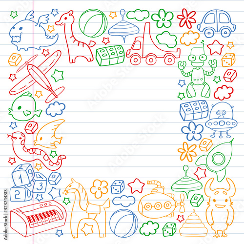 Vector pattern with children toys. Kindergarten elements in doodle style for little kids. Education  play  grow