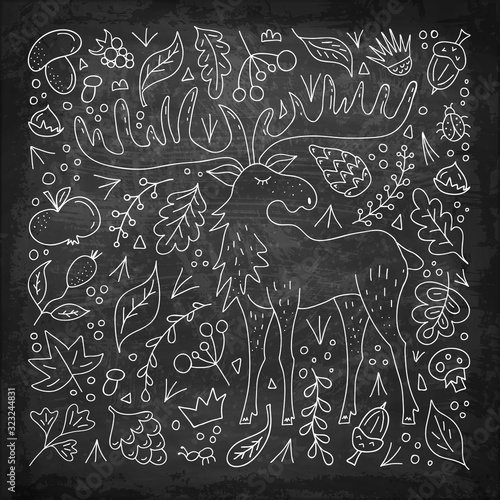 Moose with big horns outline style on a chalk board background. Hand-drawn elk surrounded by leaves, herbs and forest foliage. Stylized doodle character.