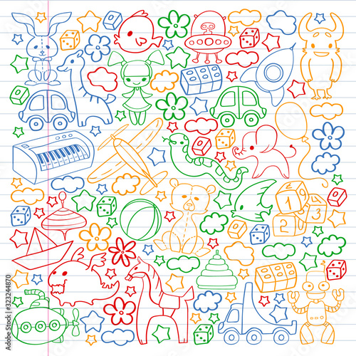 Vector pattern with children toys. Kindergarten elements in doodle style for little kids. Education, play, grow