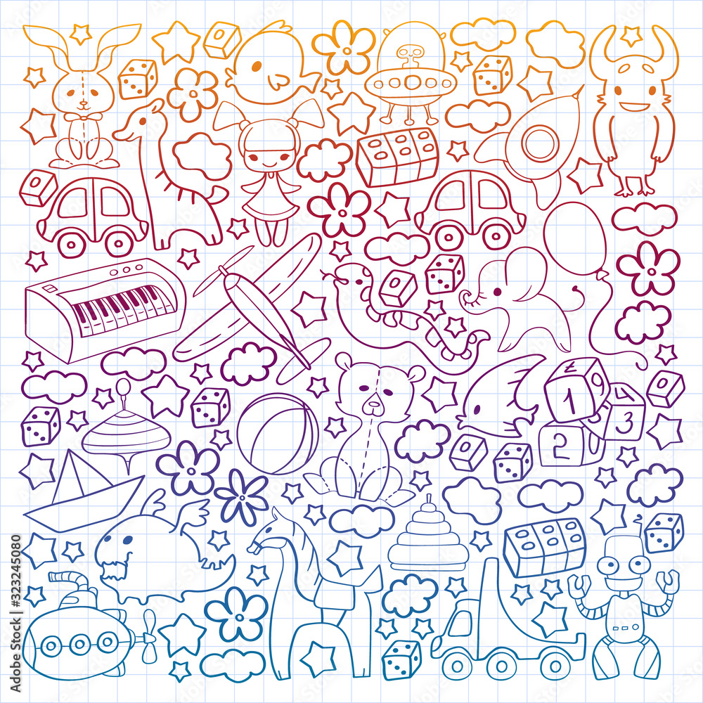 Vector pattern with children toys. Kindergarten elements in doodle style for little kids. Education, play, grow