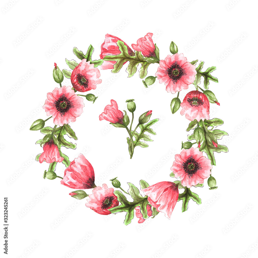 A set of watercolor illustrations depicting a round wreath with poppies and a floral arrangement. Elements are isolated on a white background. Design for printing on cards, invitations, textiles.