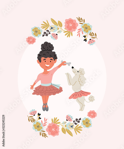 Illustration of girl ballerina with poodle puppy