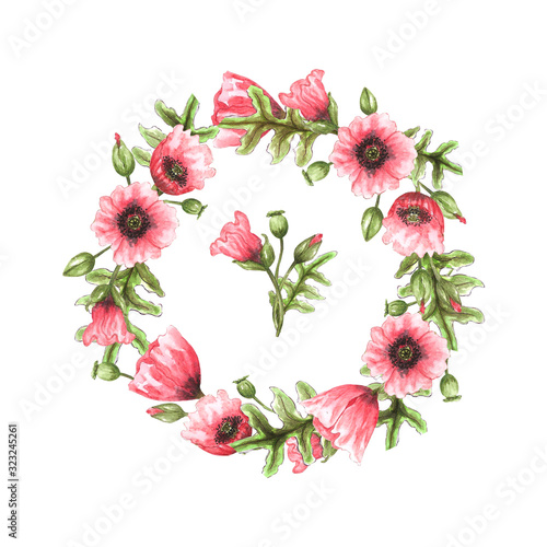 A set of watercolor illustrations depicting a round wreath with poppies and a floral arrangement. Elements are isolated on a white background. Design for printing on cards, invitations, textiles. © Taola