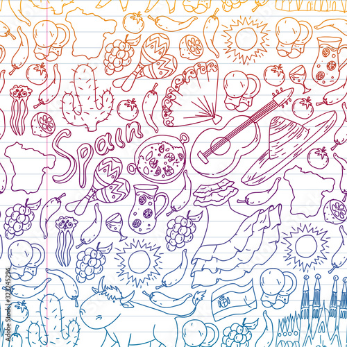Spain seamless vector pattern. Spanish traditional symbols and objects.
