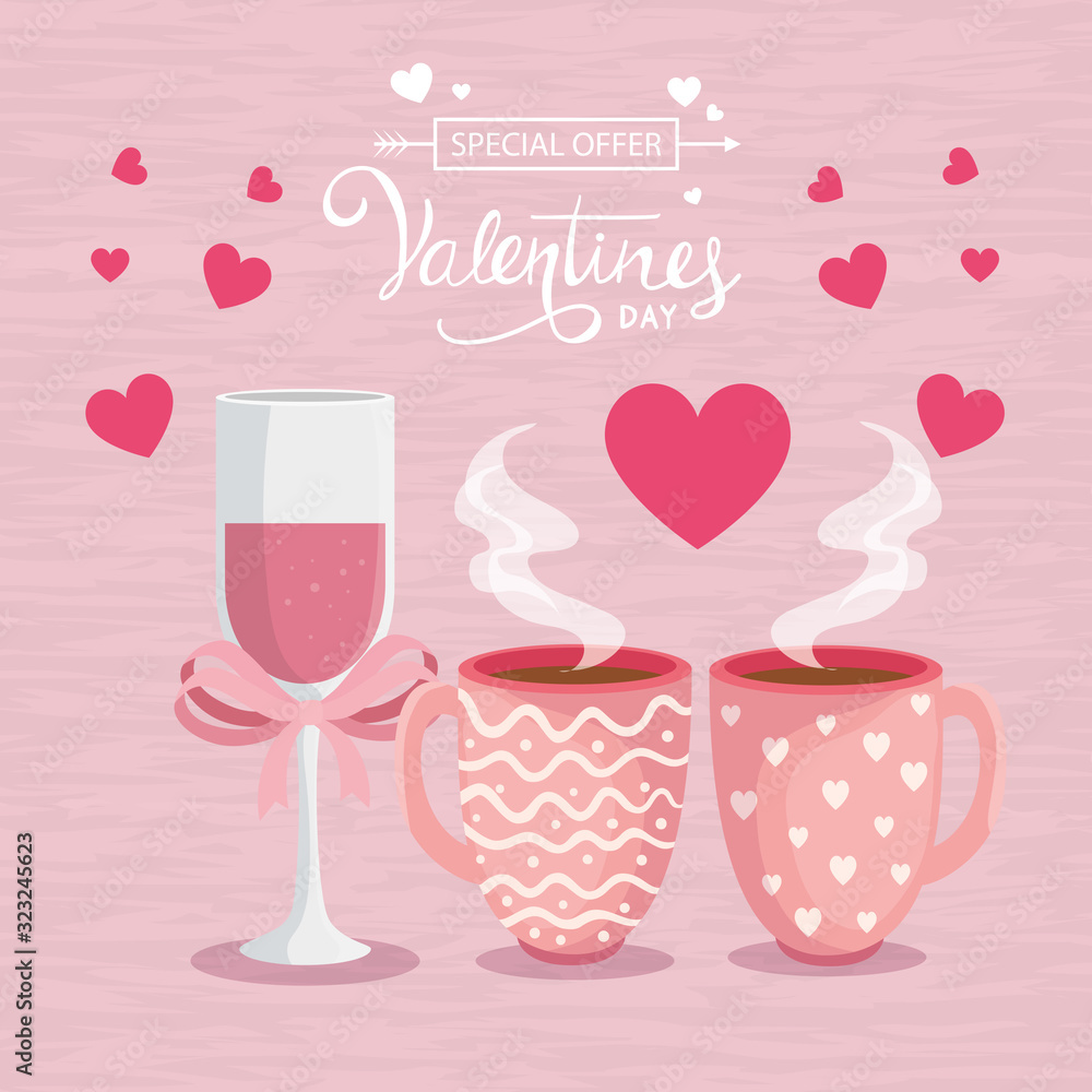 happy valentines day with cup coffee and decoration vector illustration design