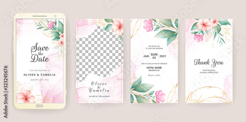 Electronic wedding invitation card template set with watercolor and gold floral. Flowers illustration for social media stories, save the date, greeting, rsvp, thank you, poster