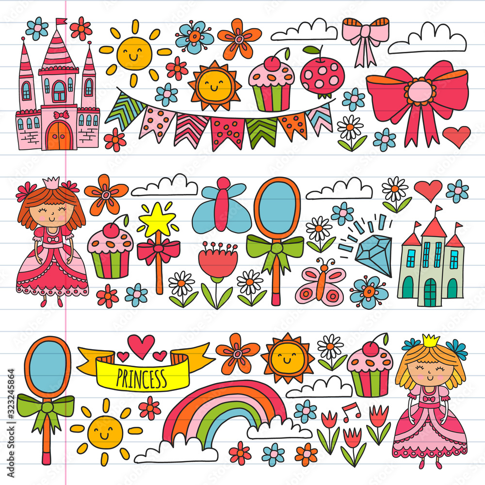 Vector pattern for little girls. Princess illustration for happy birthday party. Vector pattern for little girls. Princess illustration for happy birthday party.