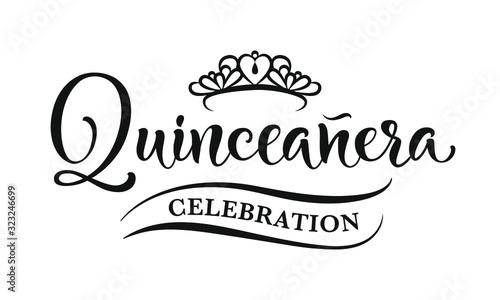 15 birthday celebration lettering for Latin America girl.  Quinceanera calligraphy. Black text isolated on white background. Vector stock illustration. photo