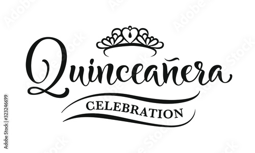 15 birthday celebration lettering for Latin America girl.  Quinceanera calligraphy. Black text isolated on white background. Vector stock illustration.