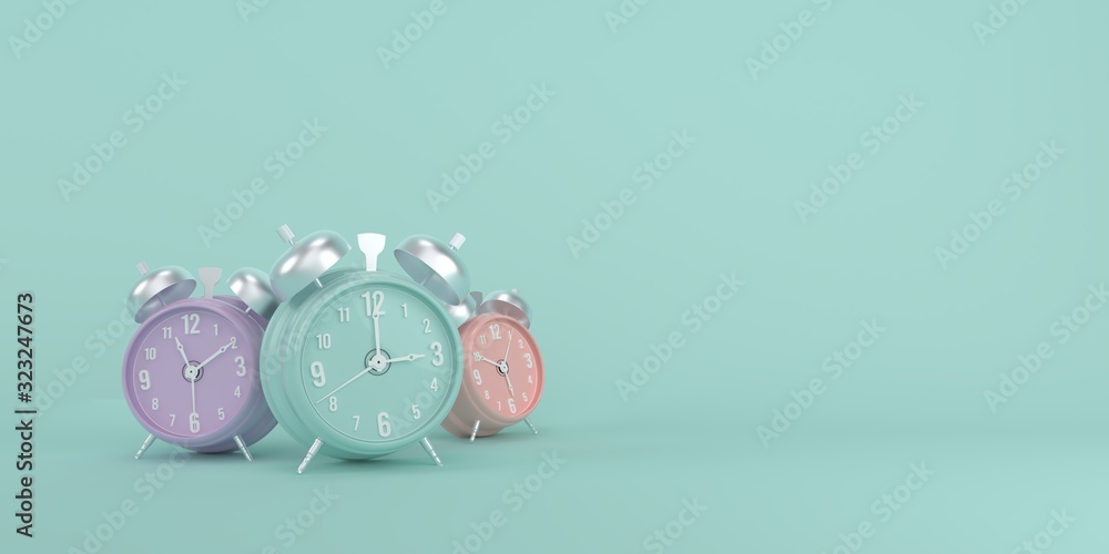 Alarm clock on pastel green background 3d render
