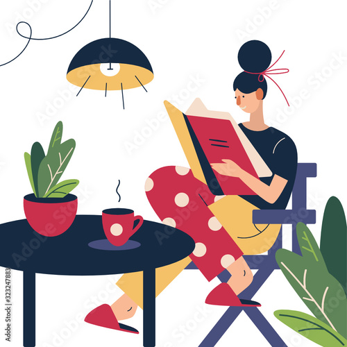 Girl reading in chair with cup of tea or coffee and house plants. Flat cartoon style vector illustration.