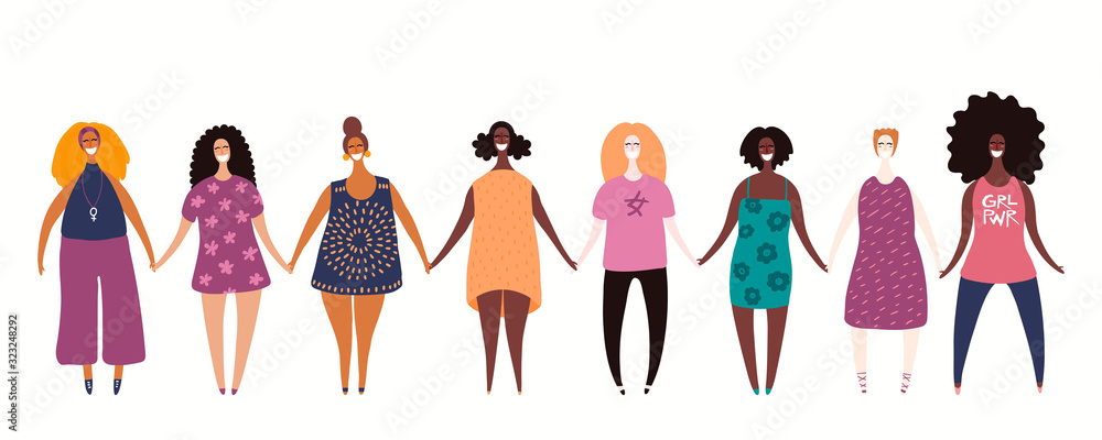 Hand drawn vector illustration of diverse modern girls together. Isolated people on white. Flat style design. Concept, element for feminism, womens day card, poster, banner. Female cartoon characters. Hand drawn vector illustration of diverse modern girls together. Isolated people on white. Flat style design. Concept, element for feminism, womens day card, poster, banner. Female cartoon characters.