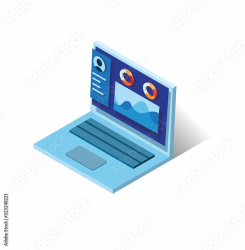 finance market analysis, laptop with graph chart in isometric style illustration vector icon isolated in white background