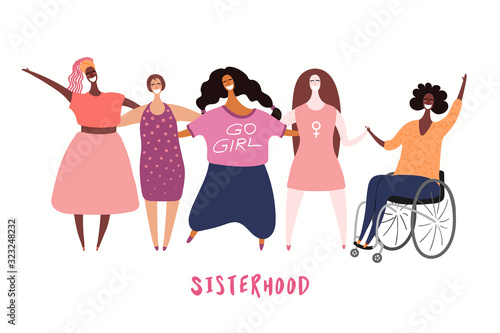 Hand drawn vector illustration of diverse modern girls together. Isolated people on white. Flat style design. Concept, element for feminism, womens day card, poster, banner. Female cartoon characters.