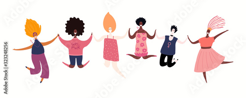 Hand drawn vector illustration of diverse modern girls together. Isolated people on white. Flat style design. Concept, element for feminism, womens day card, poster, banner. Female cartoon characters.