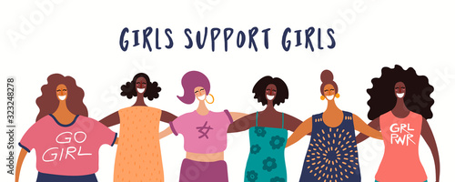 Hand drawn vector illustration of diverse modern girls together, with quote Girls support girls. Flat style design. Concept for feminism, womens day card, poster, banner. Female cartoon characters.