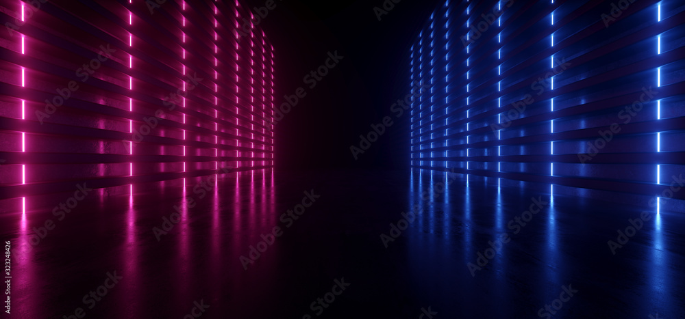 Neon Sci Fi Futuristic Cyber Glowing Lights Purple Blue Lines Pantone Reflective Tunnel Hallway Dance Catwalk Alien Spaceship Lasers Stage Dark 3D Rendering