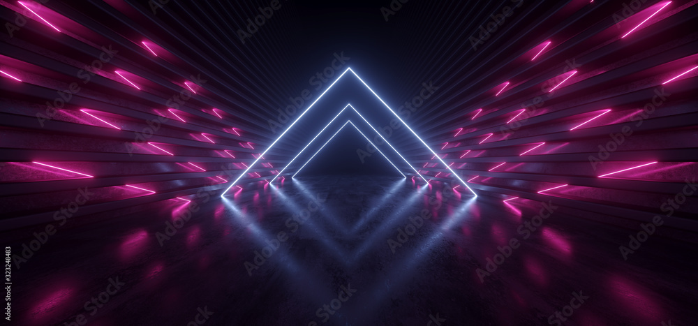 Fototapeta premium Neon Sci Fi Futuristic Cyber Glowing Lights Purple Blue Triangle Pantone Reflective Tunnel Hallway Dance Catwalk Alien Spaceship Lasers Stage Dark 3D Rendering