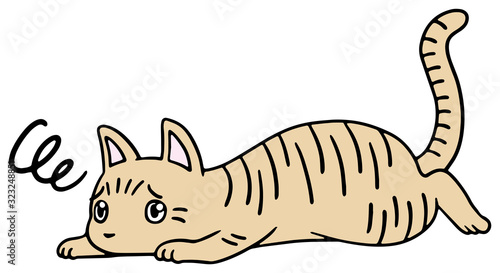 倒れた猫のイラスト_茶トラ_困り顔