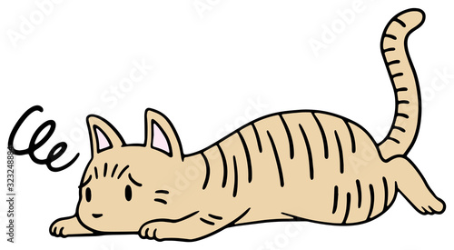 倒れた猫のイラスト_茶トラ_困り顔
