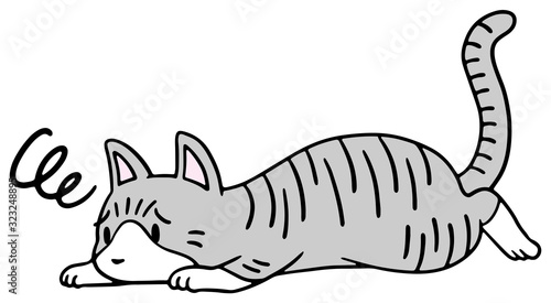 倒れた猫のイラスト_サバトラ_困り顔