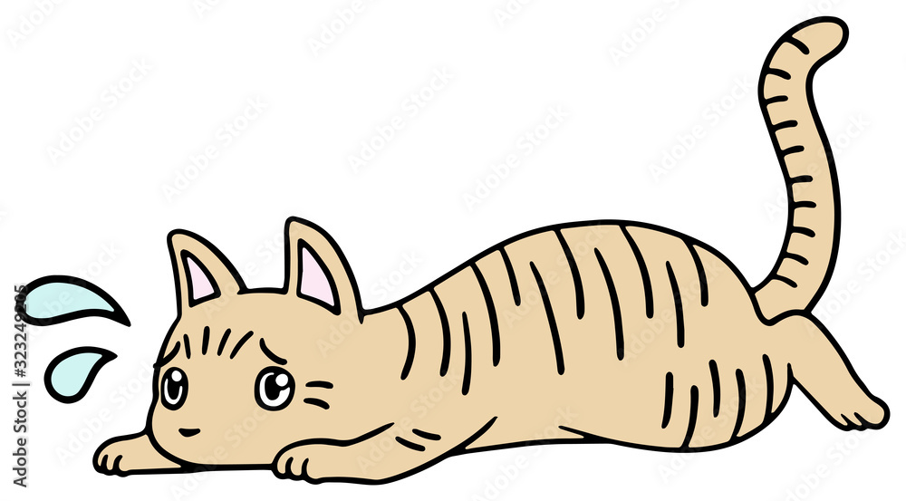 倒れた猫のイラスト_茶トラ_困り顔 倒れた猫のイラスト_茶トラ_困り顔